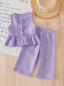 SHEIN Vintaside Kids 2pcs/Set Baby Girls' Summer Clothes Back To School Season 3M-3Y, Purple Fashionable Cute Round Neck Sleeveless Ruffle Blouse & Elastic Waist Pants, Soft Casual Outfit Suitable For Spring/Summer, Gift - Purple - View 4