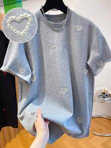 Resyla Women's Round Neck Heart Studded T-Shirt - Round Neck Casual Top - Lightweight T-Shirt Suitable For All Seasons - Grey - View 1