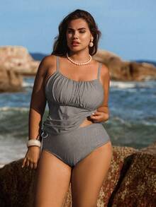 Swim Lushoire Bộ bikini cỡ lớn 2 mảnh, chất liệu vải in họa tiết xanh trắng, có dây rút ở eo và quần cạp cao, phù hợp cho kỳ nghỉ biển. - Đen và trắng - Xem 3