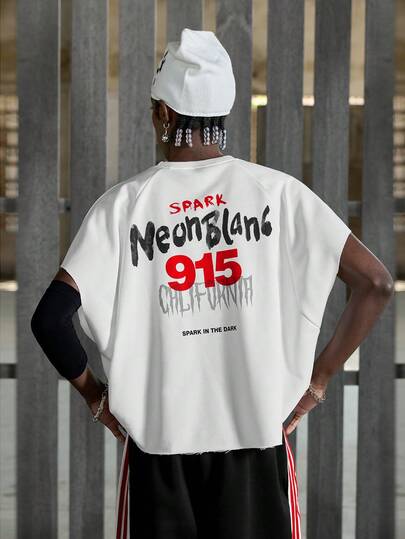 NEON BLANC 男士休闲宽松插肩短袖白色T恤，前后印花，标准尺码