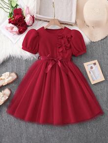 Girls' Elegant Bowknot Decor Dress With Belt, Summer - Red - View 6
