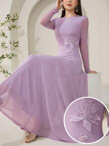 Veilorie 女士纯色圆领插肩袖修身优雅连衣裙 - 淡紫色 - 查看 10