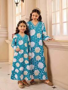 Vestido de estilo medio oriental para niña preadolescente, vestido de manga larga con estampado retro digital de perlas y conchas, adecuado para ir al trabajo, salidas y uso diario - Azul - Ver 6