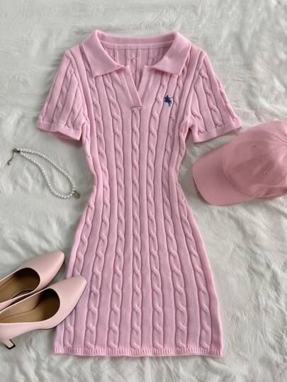 SHEIN Clasi Women's Elegant Fashion Versatile Pink Polo Collar Embroidered Short Sleeve Knit Sweater Dress, Spring/Summer