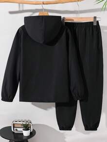 SHEIN Set de 2 piezas de chaqueta con capucha y pantalones deportivos informales con gráficos y colores contrastantes para niño preadolescente, adecuado para ir y venir, la escuela, uso casual, viajes, deportes, otoño/invierno - Negro - Ver 2