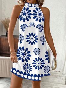 SHEIN Clasi Đầm ngắn cổ yếm in hoa dành cho nữ, kiểu dáng đi nghỉ mát. - Xanh và trắng - Xem 3