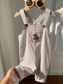 SHEIN 男婴休闲可爱百搭条纹卡通熊图案围兜连体衣 - 彩色 - 查看 7