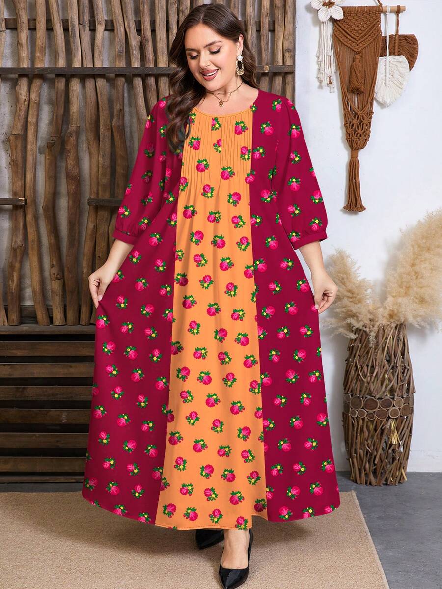 SHEIN Najma Robe midi évasée à taille ajustée avec imprimé floral et végétal, col rond, plis et blocs de couleurs. Motif printanier. Robes longues pour femmes, robes bohèmes, robes africaines, kurtas pour femmes. - Multicolore - Voir 1