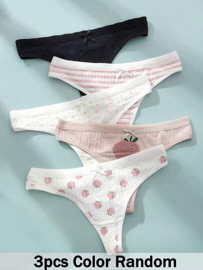 ROMWE Kawaii 3pcs/Pack Women's Random Color & Print Bow Cute Sweet Thong Panties, Soft & Comfortable Ladies Underwear