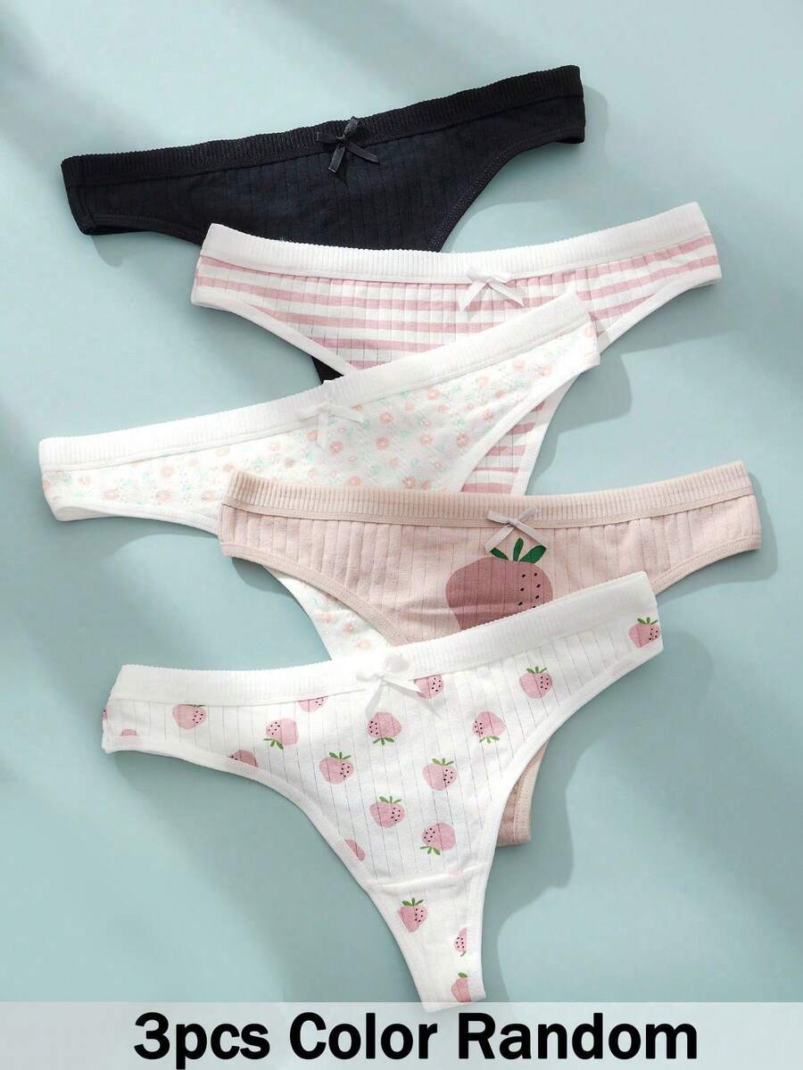 ROMWE Kawaii 3条/包 女士随机颜色印花蝴蝶结可爱甜美丁字裤，柔软舒适女士内裤 - 彩色 - 查看 1