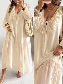 Vionelle Women's Loose Chiffon Plus Size Long Dress With Ruffle Hem And V Neck Extra Long Bishop Sleeve Bohemian Style - Apricot - View 1