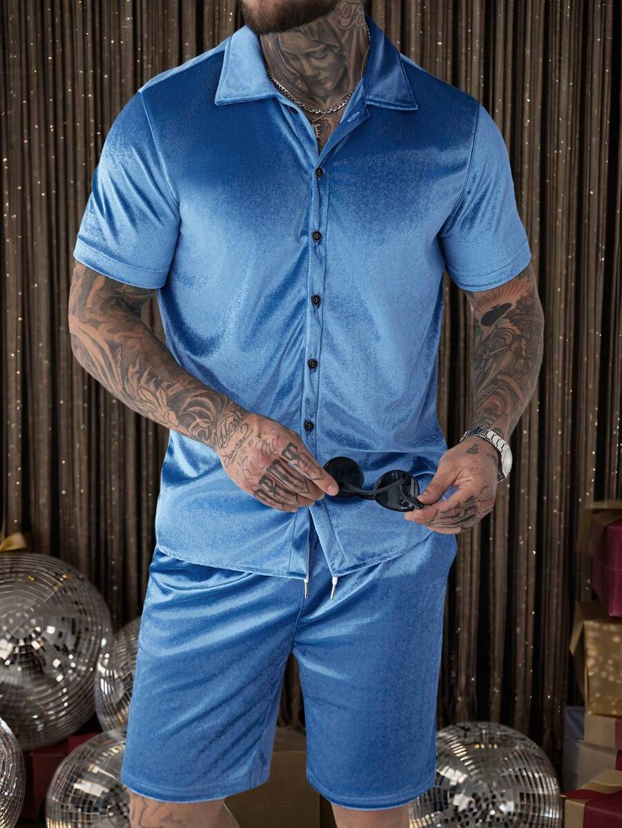Manfinity AFTRDRK Men Velvet Shirt & Drawstring Waist Shorts Gold Shirt Menmen's Two Pieces Set - Blue - View 1