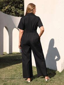 Juhart 大码女式休闲纯色V领短袖前拉链收腰长款连体裤，适合户外通勤 - 黑色 - 查看 2