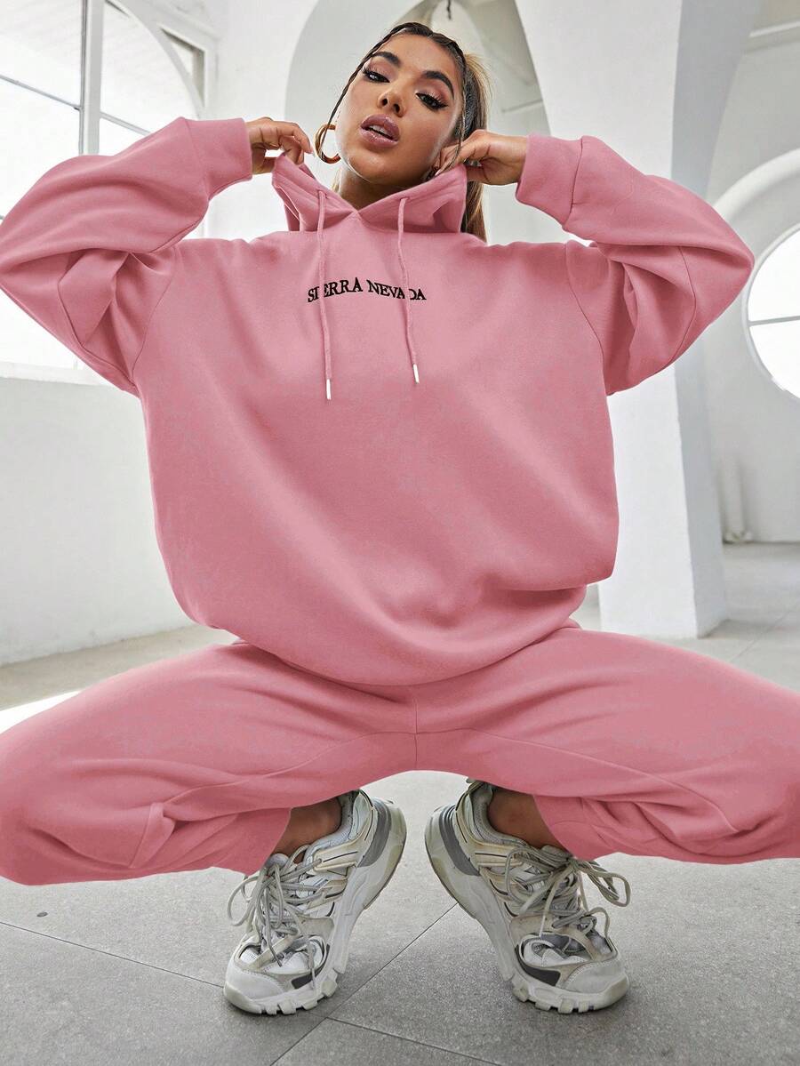 RueChic Cotton Slogan Graphic Drop Shoulder Drawstring Hoodie & Sweatpants - Baby Pink - View 1