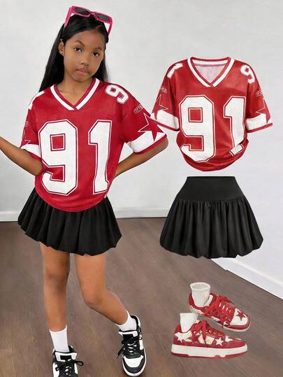 Tween Girl Street Casual Sports Matching Family Outfit: V-Neck Mesh Baseball Tee + Stretchy Knit Bubble Skirt 2-Piece Set, Fashionable For Outings, Home, School, Sisterhood