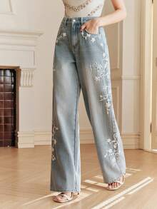 Anewsta 休闲水洗斜插口袋花卉刺绣直筒牛仔裤 - 灰色 - 查看 5