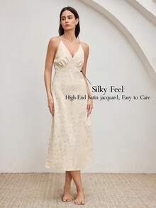 Ocili Comfortable Silky Jacquard Fabric Mid-Sleeve Robe With Tie, Comfortable Chic Autumn Slumber Nightgown For Women - Khaki - View 1
