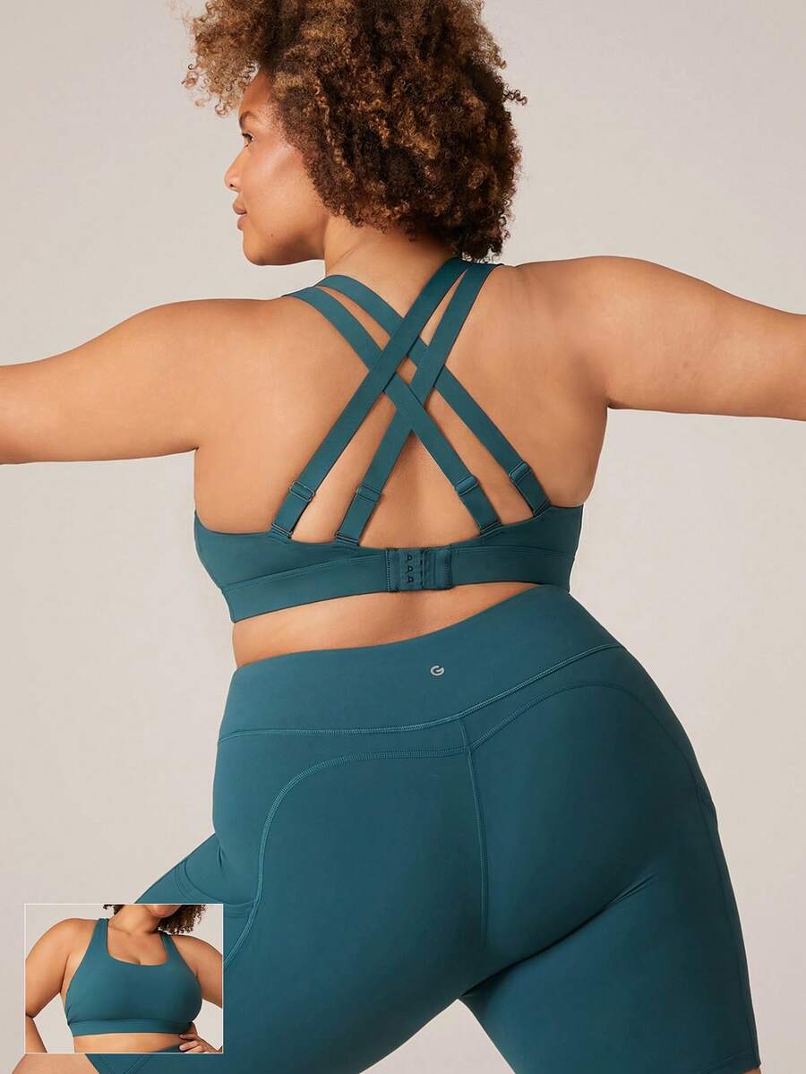GLOWMODE FeatherFit™ Multi Crossover Strap Adjustable Buckle Back Sports Bra Low Impact Yoga Daily Removable Cups - Dark Green - View 1