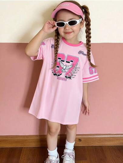 SHEIN 年轻女孩夏季休闲时尚街头运动风数字印花撞色包边短袖T恤裙