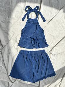 Elamini Women's Solid Color Halter Neck Camisole And Shorts Casual 2-Piece Set Two Piece Summer Set Comfortable Two Piece Set - Blue - View 2