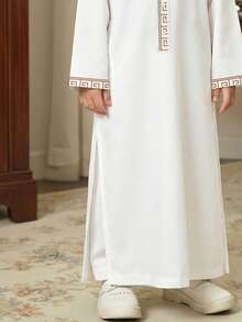 Tween Boy Casual Retro, Retro Printed, Loose Fit Long Shirt, Arabic Style, Suitable For Spring/Summer - White - View 4