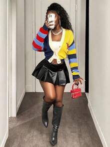 BamGleam Women Striped Colorblock Letter V-Neck Button Closure Long Sleeve Casual Sweater Cardigan Fall Winter Cloth For Women - Multicolor - View 5