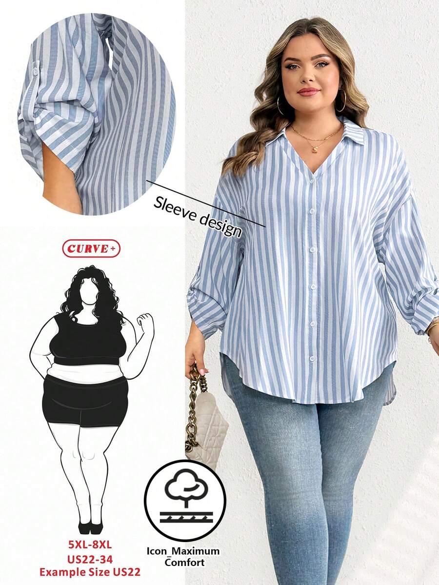 SHEIN CURVE+ Plus Size Women Striped Roll-Up Sleeve Single-Breasted Casual Loose Shirt/2026 /New Year Plus Size Shirts And Blouses - Blue - View 1