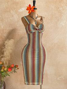 Soleia Vacation Knitted Texture Mid-Length Women Dress Crochet Dresses For Women Havana Nights Outfit Knitted Bathing Suit Picnic Dress For Woman Crochet Short Set Summer Spring Valentine's Day Casual Vacation  Beach Wedding Birthday Going Out Elegant Casual Vacation - Multicolor - View 6