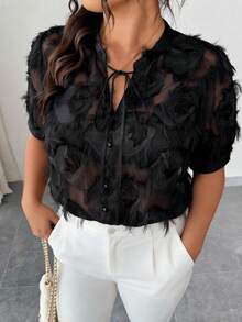 Elenzga Black Jacquard Fabric V-Neck Short Sleeve Fashionable Party Blouse For Plus Size Women, Spring/Summer - Black - View 6