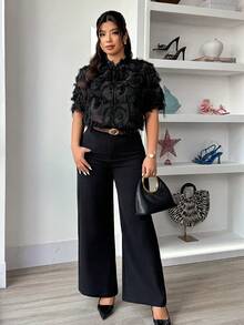 Elenzga Black Jacquard Fabric V-Neck Short Sleeve Fashionable Party Blouse For Plus Size Women, Spring/Summer - Black - View 3