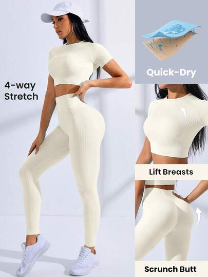 SHEIN Core Rhythm Bộ đồ thể thao nữ tay ngắn raglan màu trơn, co giãn cao, không đường may, gồm áo thun crop top và quần legging.