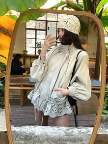 DAZY Women's Collar Hollow Out Floral Ruffle Trim Lightweight Jacket - Apricot - View 7