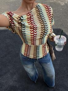 Siren Gaze 女士不对称领蝙蝠袖收腰印花衬衫，时尚夏季度假风 - 彩色 - 查看 7