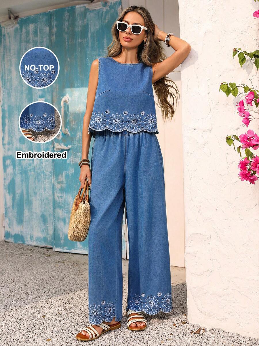 Vivid Eden Women's Floral Embroidered Elastic Waistband Pocket Wide-Leg Casual Jeans In Mid-Blue Spring Outfit Women Women's Summer Set  Valentines Day  Summer Outfits   Spring Break Outfits Carnival Costume Beach Pants Casual Women Outfits - Light Wash - View 1