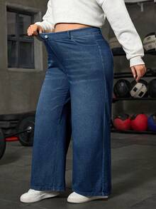 SHEIN FlexDen 大码针织休闲运动直筒牛仔裤 - 深色水洗藍 - 查看 3