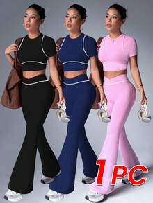 Dewbera Women's Sporty Casual Contrast Trim Cropped T-Shirt & Flare Pants Set 2pc Set Women - Black - View 1