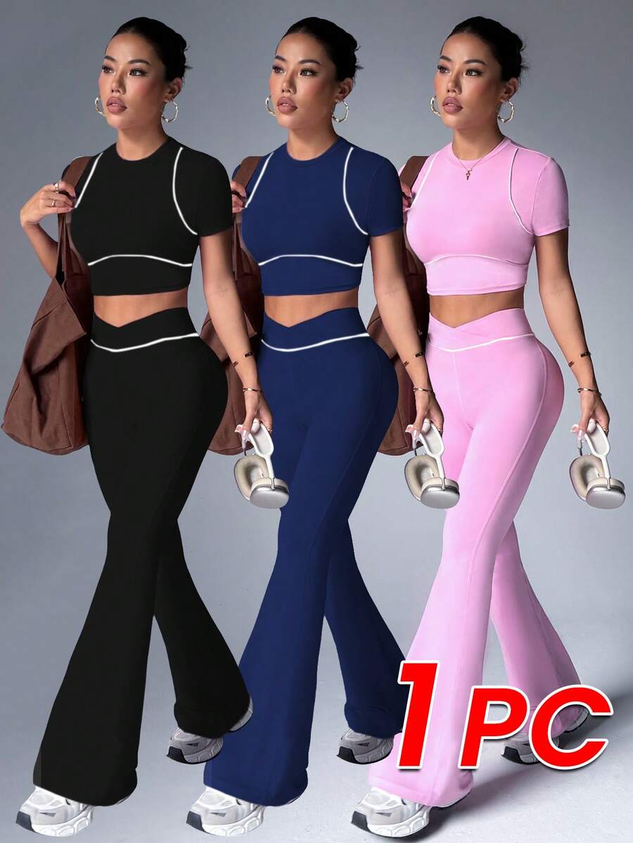 Dewbera Women's Sporty Casual Contrast Trim Cropped T-Shirt & Flare Pants Set 2pc Set Women - Black - View 1