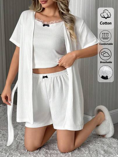SHEIN Women 3pcs Lace Detail Top&Belted Robe And Shorts With Contrast Colour Ribbon Detail Homewear Comfort Lounge Set