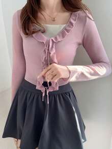 FRIFUL Women's Solid Color Ruffle Trim Layered Slim Fit Lightweight Cardigan, Versatile - Pink - View 7