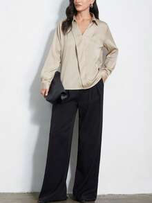 Aveloria Modichic Fashionable Minimalist Versatile Commuting Satin Design V-Neck Overlapping Wide Hem Collar Long Sleeve Shirt - Champagne - View 4