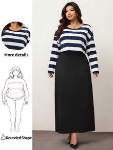 Enliva 大码女装秋冬时尚休闲日常舒适黑白条纹长袖宽松T恤和黑色背心长裙两件套，曲线套装，连衣裙套装，女士街头服饰，春装，女士机场装，大学生装 - 藏蓝色 - 查看 7