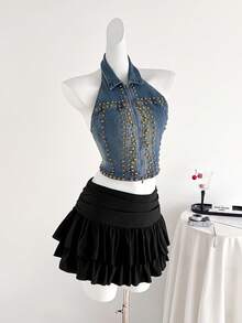 Elamini 女士铆钉设计拉链前开露背吊带牛仔上衣 - 藍色 - 查看 4