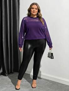SHEIN CURVE+ Top femme grande taille à manches longues, vêtement décontracté quotidien - Bleu marine - Voir 5