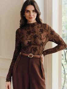 Anewsta 优雅、时尚、性感派对/约会/假日/新年外出弹力修身3D刺绣花卉网纱透视长袖女式上衣/T恤，春夏款 - 摩卡棕 - 查看 3