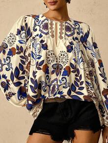 SHEIN CURVE+ Curve 加大码 US22 音乐节、海滨度假、波西米亚风 CURVE PLUS / 女士热带复古图案长袖圆领系带衬衫 8XL 女装 波西米亚风上衣 女装衬衫 - 彩色 - 查看 3