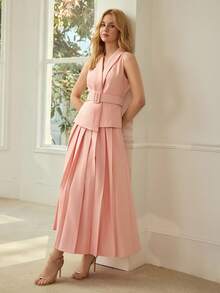 MOTF PREMIUM WOMEN'S SLEEVELESS BELTED MATCHING TOP + PLEATED MIDI SKIRT, COMMUTER OUTFIT - Watermelon Pink - View 5