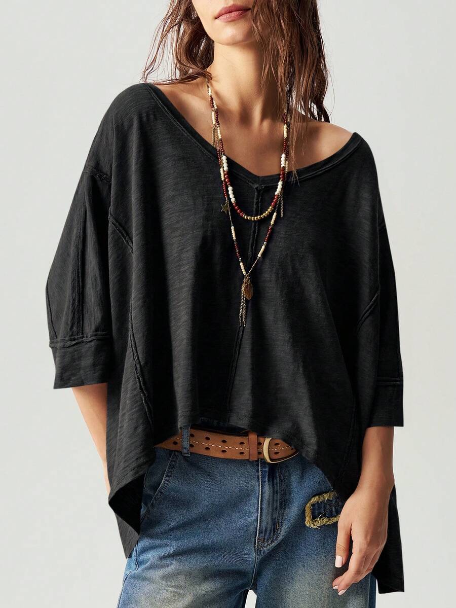 Bohemela 女士休闲纯色针织圆领露背宽松七分袖T恤 黑色女士衬衫 超大款衬衫 不对称衬衫 宽松衬衫 黑色超大款T恤 - 黑色 - 查看 1