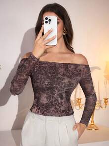 Modelyn Women's Elegant Mesh Print Off Shoulder Neck T-Shirt, Suitable For Outings And Dates, Autumn/Winter - Multicolor - View 7