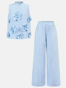 Tween Girls Blue & White Striped Camisole Top And Pants Set - Blue and White - View 6