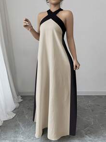 Elenzga Plus Size Women's Elegant Color Block Halter Backless Dress With Bow Tie, Summer - Khaki - View 5